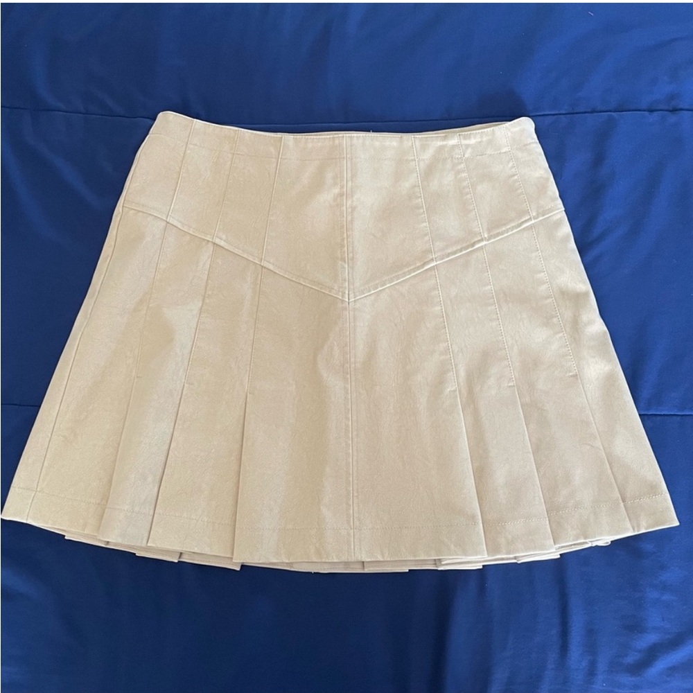 Free People Khaki Leatherette Pleated Mini Skirt NWOT